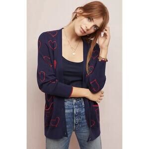 Anthropologie Women's Cashmere Cotton Blend Valentine Heart Cardigan Sweater-XL